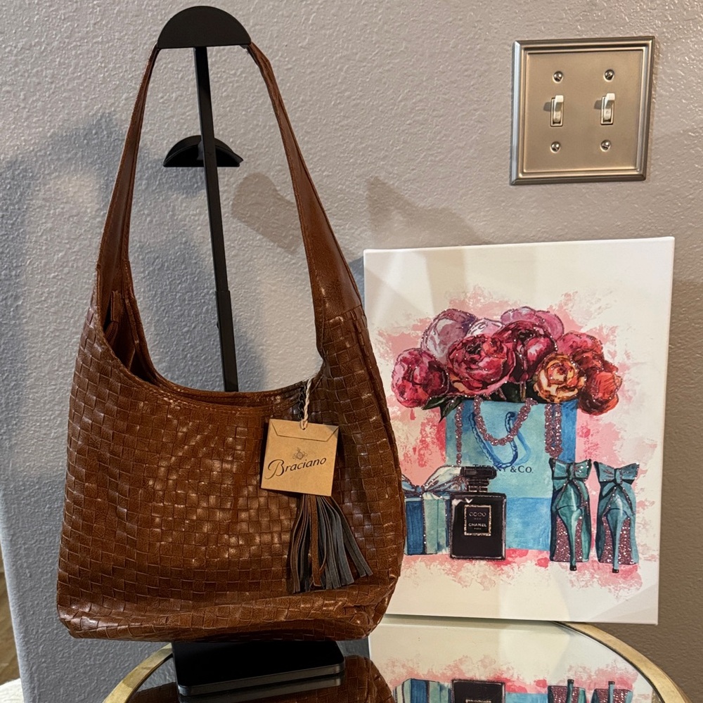 NWT Braciano Tan Woven Shoulder Bag